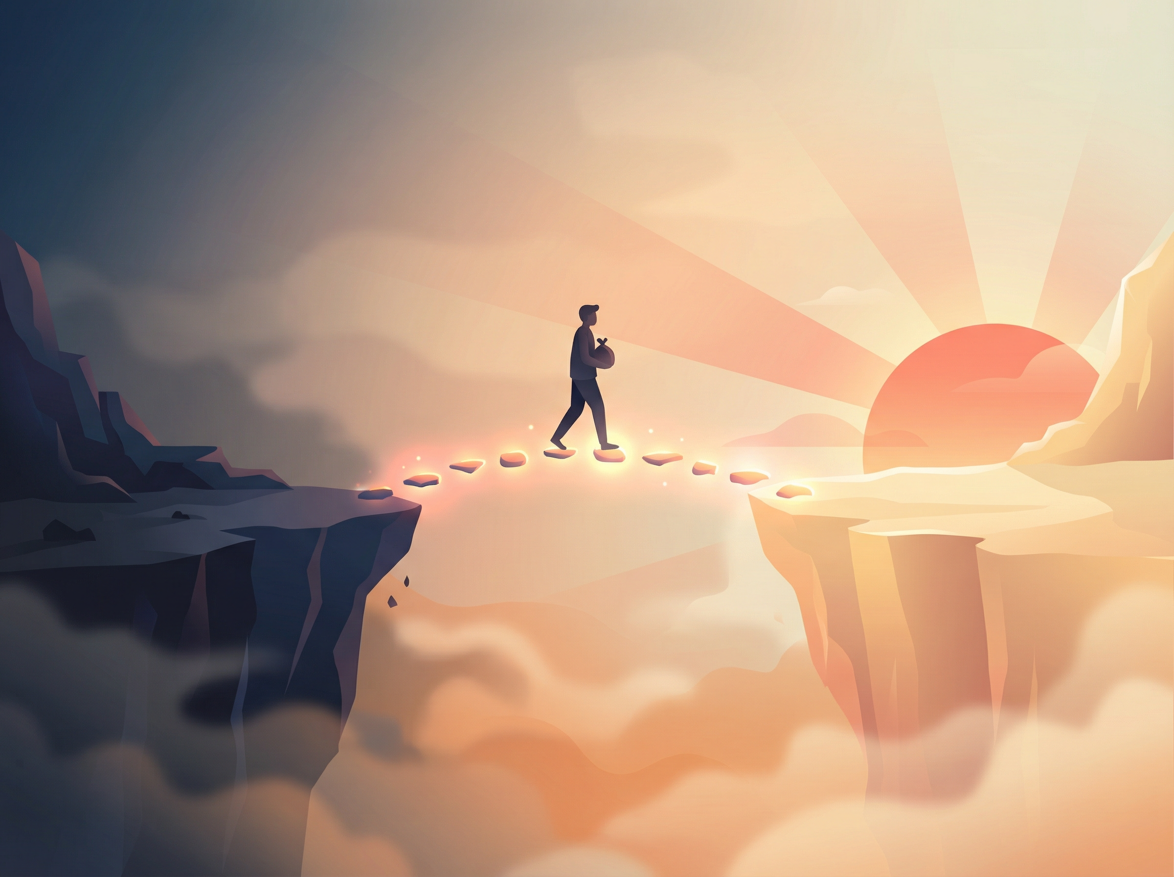 Person walking across a glowing bridge from darkness to light, representing the journey from distorted self-image to accurate reality