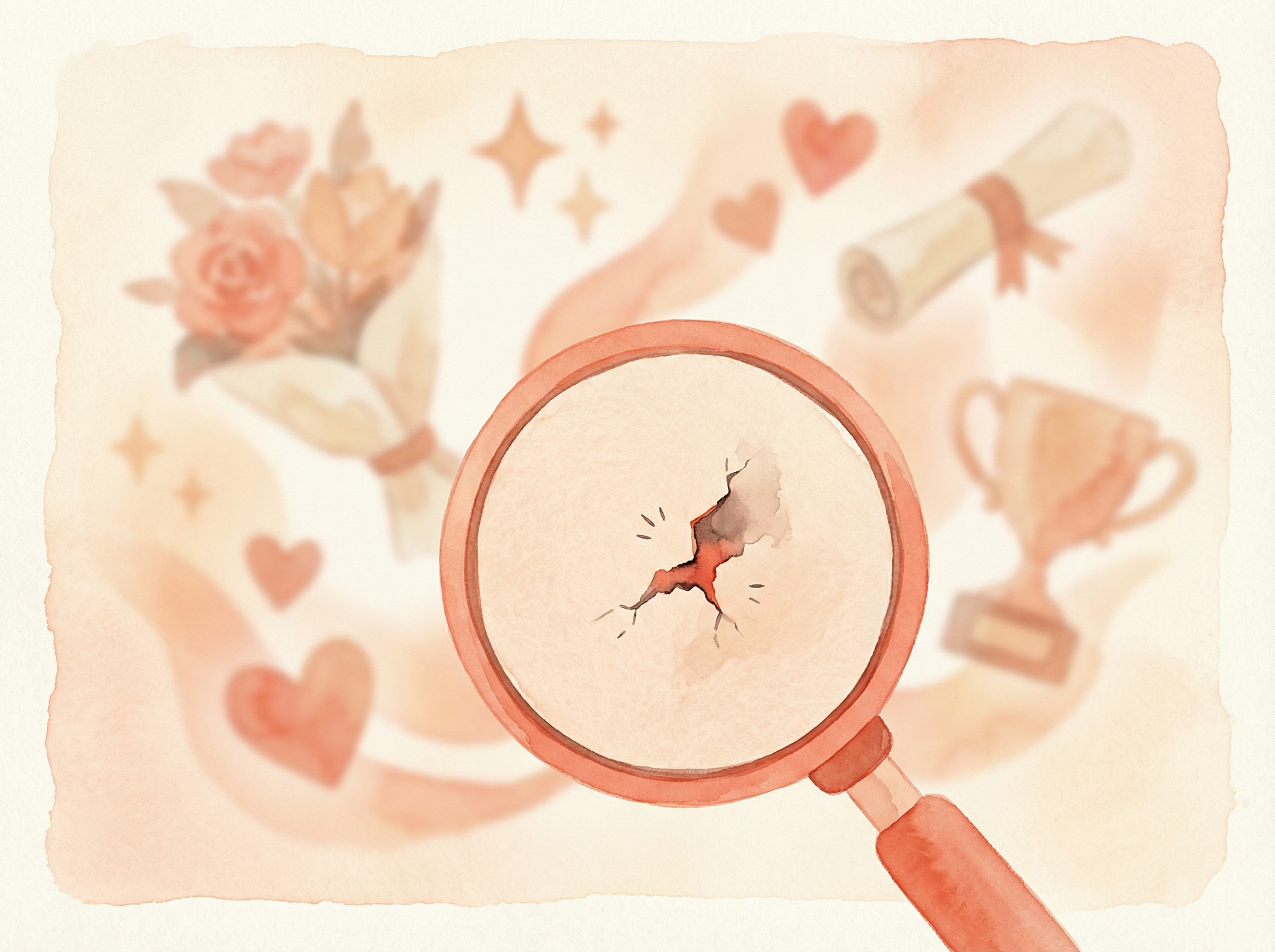 Magnifying glass focused on small flaw while positive achievements blur in the background, illustrating negativity bias