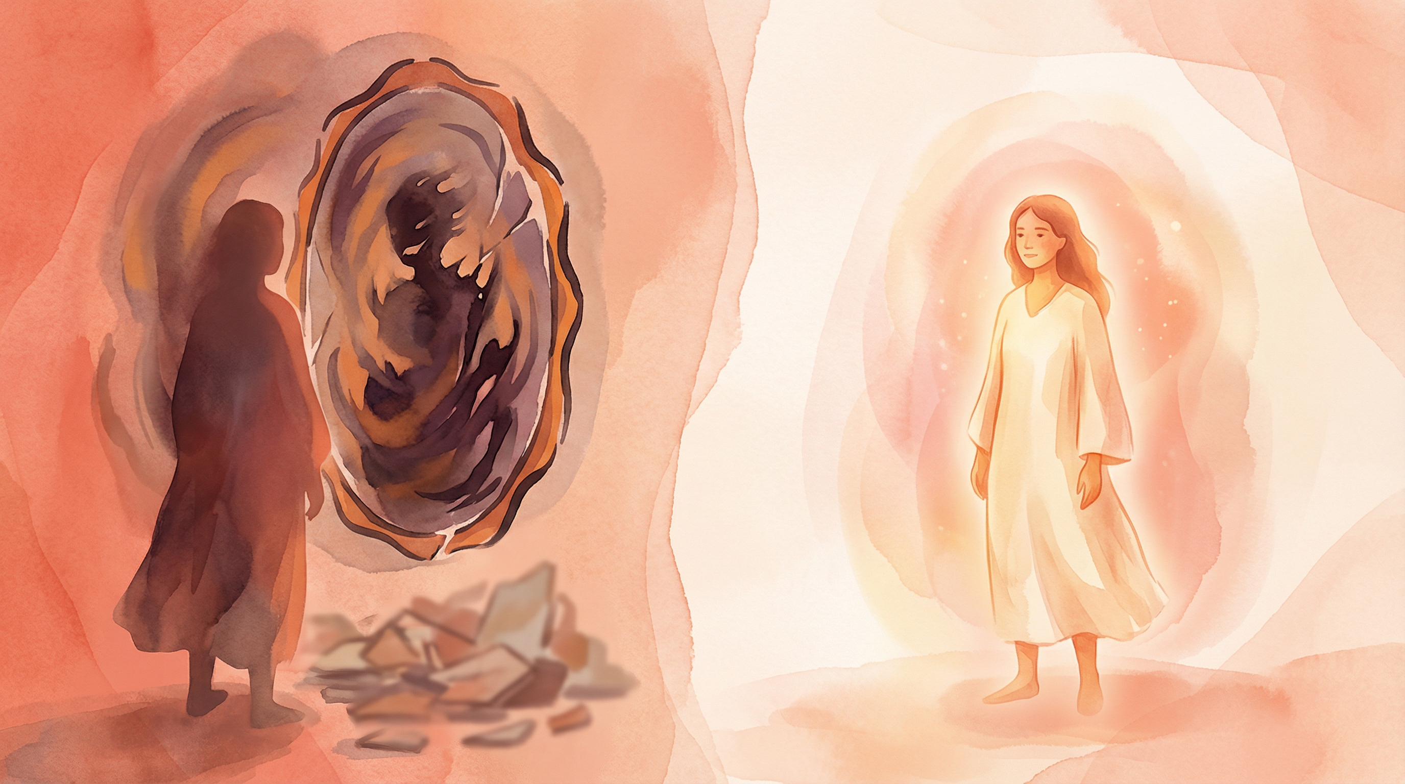 Split-screen illustration contrasting distorted self-image on left with accurate reality on right, showing the perception gap